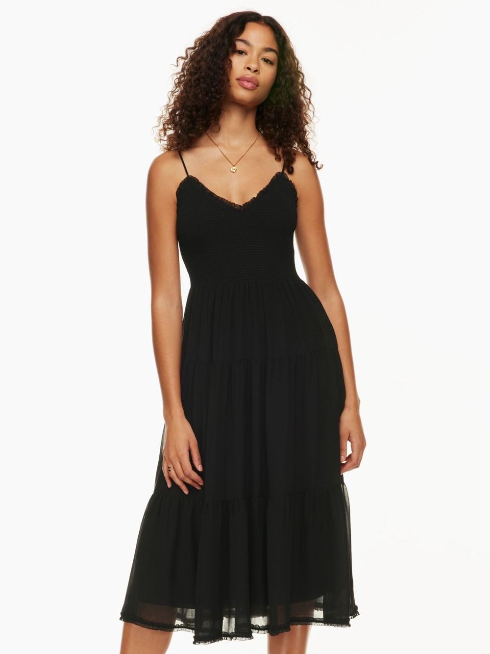 Aritzia Tuberose Black Tiered Midi Dress with Smocked Bodice Small